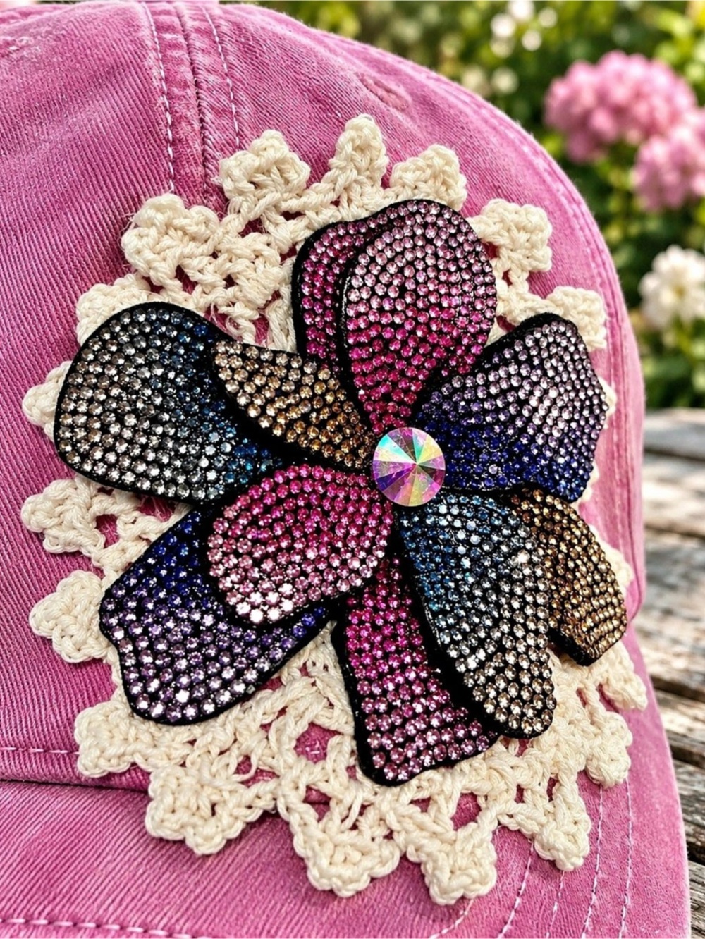 🧢29 Handmade Pink Rhinestone Flower Baseball - Picture 4 of 5